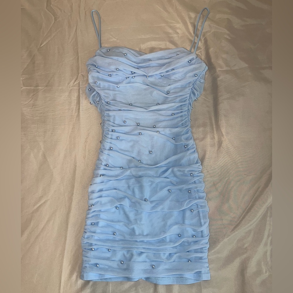 Blue Ruched Mini Bodycon Dress with Spaghetti Straps